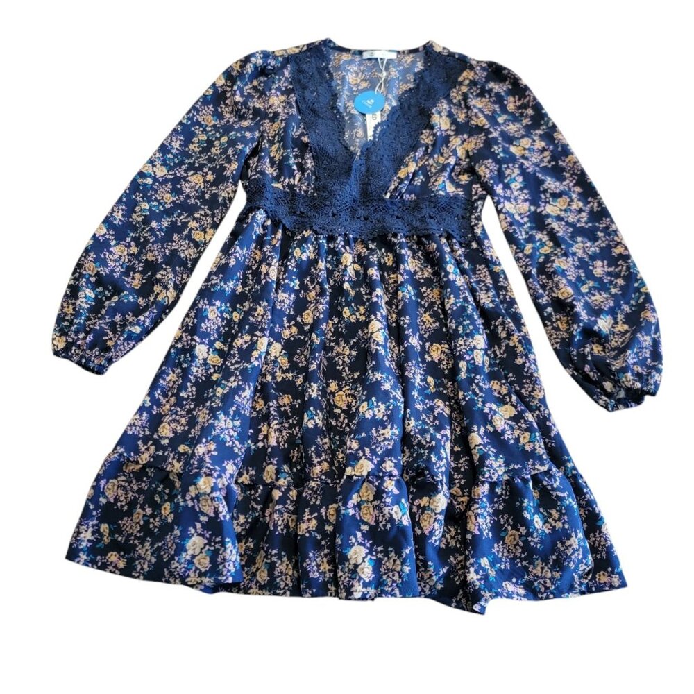 NWT Cupshe Blue Floral V Neck Short Dress Long Sleeve Size Sz S Feminine Lace